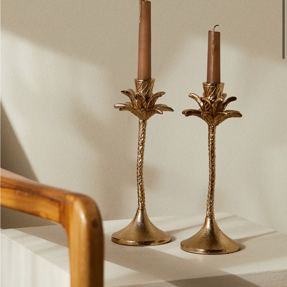 H&M GOLD COLORED PALM TREE CANDLESTICK NEW